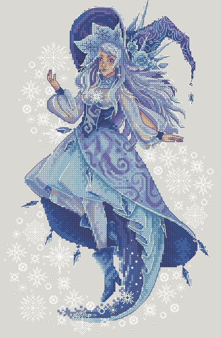 Schema punto croce SAGA PDF XSD THE WITCH OF JENUARY CHRISTMAS HALLOWEEN WINTER cross stitch fantasy pattern keeper dmc pk the witch january fairy facile da stampare