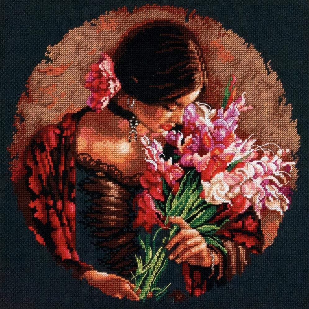 Schema punto croce SAGA PDF + XSD + PK DONNA spagnola con mazzo di fiori SPANISH WOMAN with flowered ross stitch patterns stampabile
