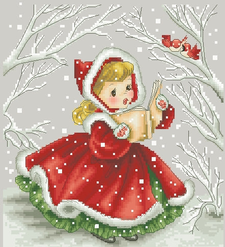 Schema punto croce SAGA PDF + XSD Bimba canta canzoni uccelli CHRISTMAS little GIRL song cross stitch pattern keeper dmc facile da stampare