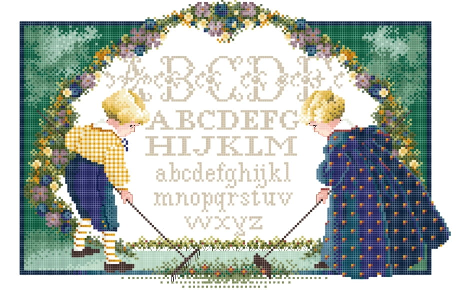 Schema punto croce SAGA PDF+ XSD 2 childrens and ALPHABET cross stitch baby SHOWER dmc pattern keeper garden backdrop facile da stampare