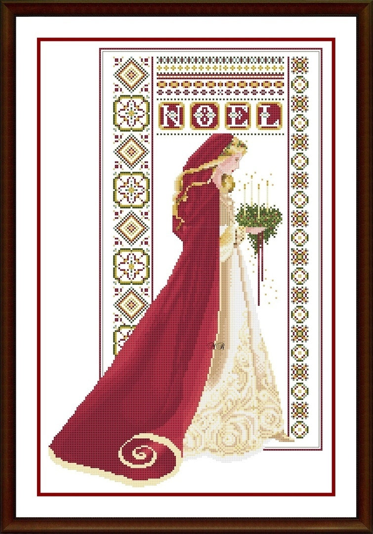 Schema punto croce SAGA PDF + XSD CELTIC CHRISTMAS lady cross stitch woman xmas dama rinascimento medioevo magic night facile da stampare