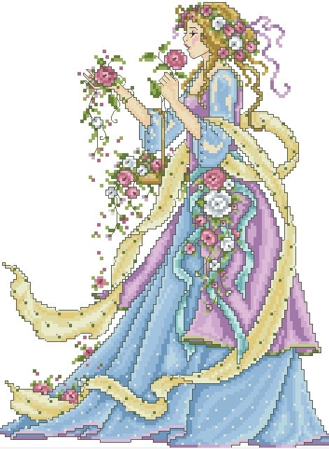 Schema punto croce SAGA + xsd PRINCIPESSA dei FIORI Renaissance lady Rose cross stitch woman princess pattern keeper facile da stampare