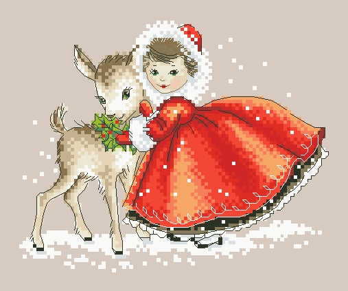Schema punto croce SAGA PDF + XSD Bimba di natale con cerbiatto CHRISTMAS little GIRL PK cross stitch love holiday dmc SAGA pattern keeper facile da stampare