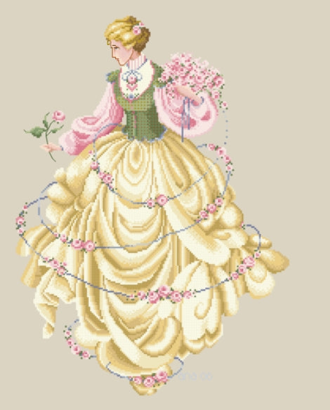 Schema punto croce PDF PK DANCE OF THE ROSES ROSE WOMAN PASSION cross stitch lady dmc rose flowers pattern keeper dmc markup vintage art spring facilmente stampabile