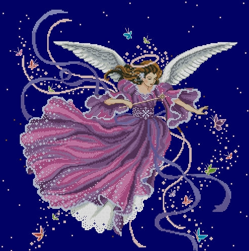 Schema punto croce SAGA PDF ANGELO e farfalle Butterflies and Wings of SPRING Eve Violet cross stitch dmc season patterns facile da stampare