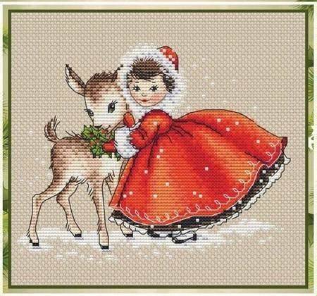 Schema punto croce SAGA PDF + XSD Bimba di natale con cerbiatto CHRISTMAS little GIRL PK cross stitch love holiday dmc SAGA pattern keeper facile da stampare