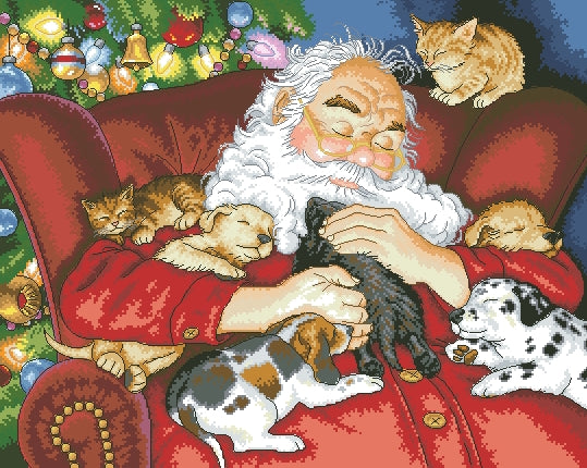 Schema punto croce SAGA PDF + XSD + PK Babbo natale SANTA CLAUS CHRISTMAS cross stitch sleeps with puppies cat and dog dmc patterns facile da stampare
