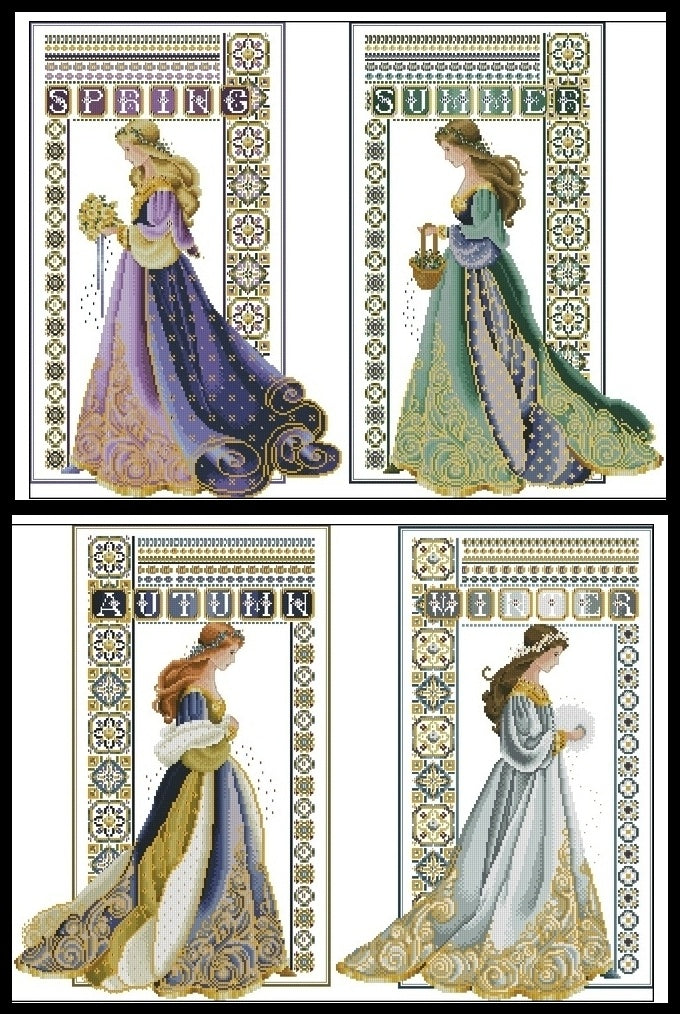 4 Schemi punto croce SAGA PDF + XSD CELTIC WINTER SPRING SUMMER AUTUMN lady winter autumn spring summer christmas cross stitch xmas dama rinascimento woman facile da stampare