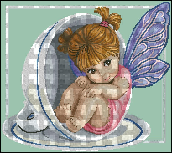 Schema punto croce SAGA PDF + XSD SAGA PK COFFEE FAIRY cross stitch pattern keeper fairy tale angel welcome baby shower nascita facile da stampare