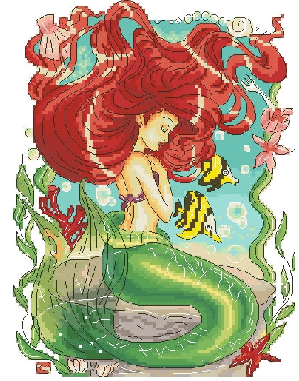 Schema punto croce SAGA PDF + XSD SIRENA dai capelli Rossi Red haired MERMAID cross stitch pattern queen princess keeper facile da stampare