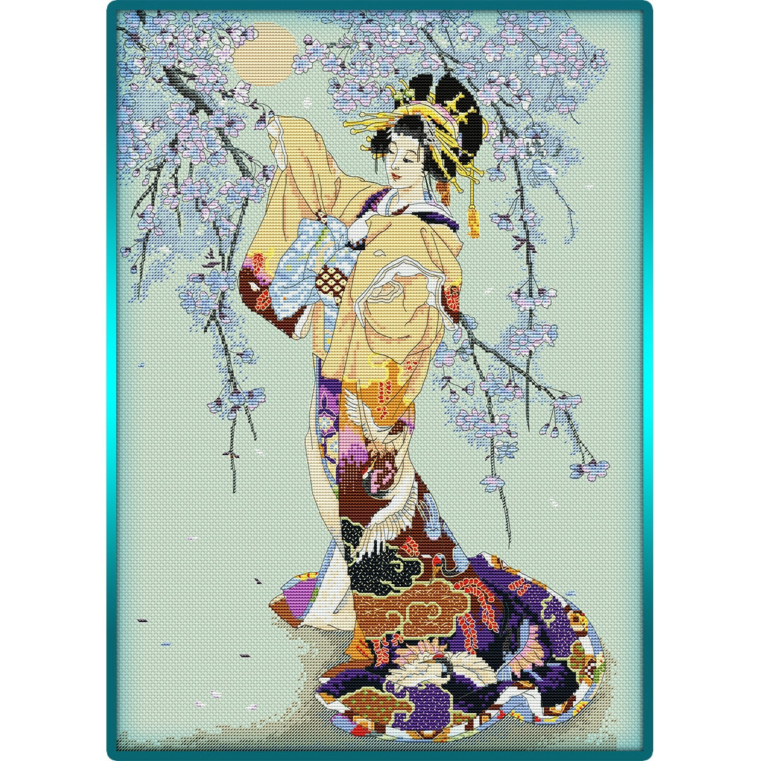 Schema punto croce SAGA PDF + XSD PK GEISHA il PESCO the geisha and the peach tree cross stitch pattern keeper white blossom facile da stampare