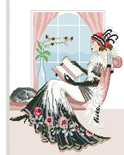 Schema punto croce SAGA PDF XSD profilo di donna PROFILE of WOMAN con FEATHERS cross stitch lady reads book patterns stampabile