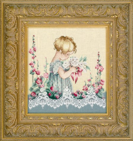 Schema punto croce SAGA PDF + XSD little girl pick FLOWER cross stitch baby SHOWER emma's pattern keeper garden birt pk facile da stampare