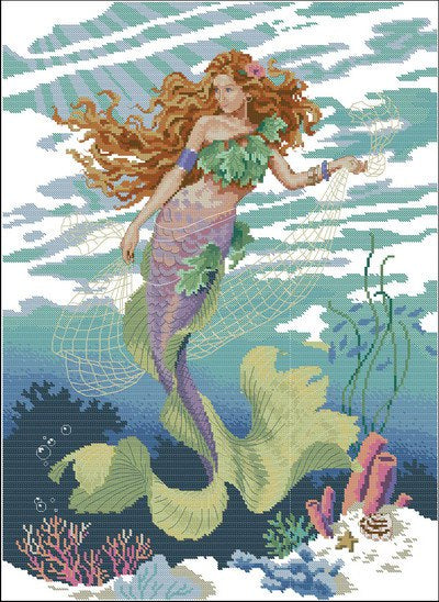 Schema punto croce SAGA PDF + XSD sirena dai capelli Rossi Red haired MERMAID ocean PRINCESS cross stitch pattern keeper facile da stampare