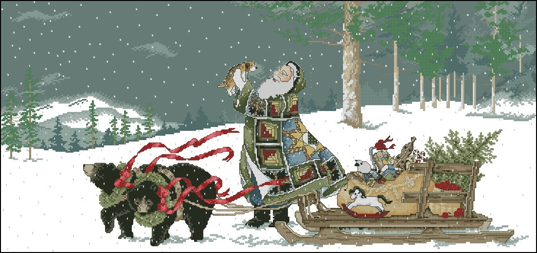 Schema punto croce SAGA PDF + XSD SANTA claus and PUPPY cross stitch animali bear love  snow sleigh dmc pattern keeper facile da stampare