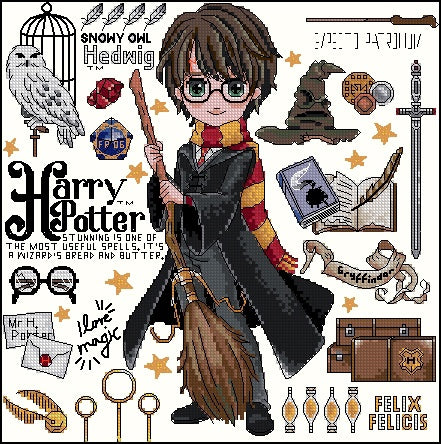 Schema punto croce SAGA PDF + XSD PK grande mago HARRY POTTER cross stitch WIZARD pattern keeper halloween STREGONE magical design facile da stampare