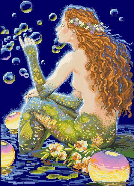 Schema punto croce SAGA PDF + XSD BUBBLES sirena Rossa Red HAIRED MERMAID cross stitch patter keeper mermaid and soap BUBBLES facile da stampare