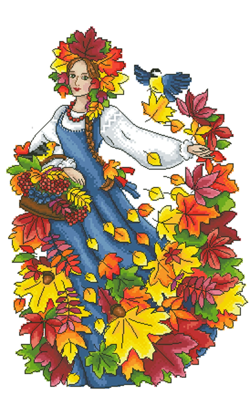 Schema punto croce SAGA pdf + xsd LADY AUTUMN the GODDESS of falling LEAVES cross stitch queen lady autumn Seasons pattern keeper facile da stampare