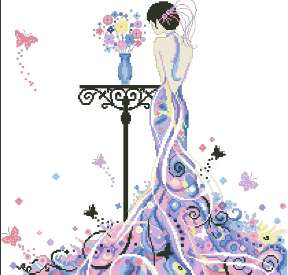 Schema punto croce SAGA PDF + XSD + PK PRINCIPESSA dei FIORI lady flowers cross stitch butterfly FANTASY woman princess patterns facile da stampare