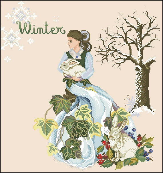 Schema punto croce SAGA PDF + XSD stagione WINTER WOMAN cross stitch seasons lady dama  freddo neve animali rabbit da stampare dmc patterns