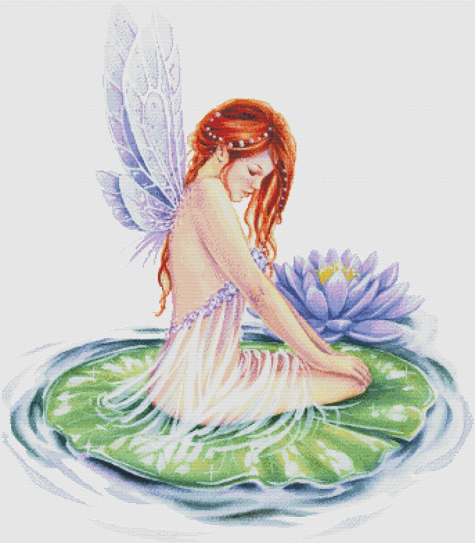 Schema punto croce SAGA PDF + XSD fata del lago POND waterlily FAIRY on leaf cross stitch spirit nature pattern keeper facile da stampare