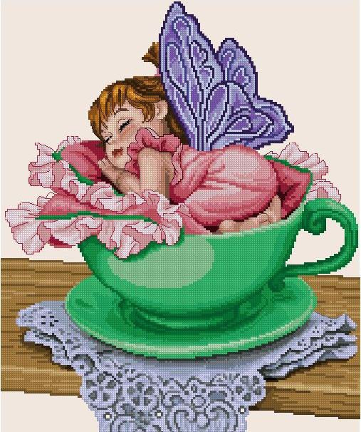 Schema punto croce SAGA PDF + XSD PK SAGA TEACUP FAIRY coffee cross stitch pattern keeper fairy tale welcome baby shower nascita facile da stampare