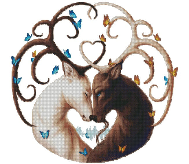 Schema punto croce SAGA PDF + XSD DEER in LOVE Sant Valentine PK passion spring fairytale heart Cross stitch pattern keeper facile da stampare