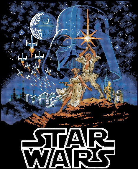 Schema punto croce SAGA PDF + XSD PK SAGA DARTH VADER LUKE LEILA cross stitch star cinema poster space wars force dmc pattern keeper pk facile da stampare