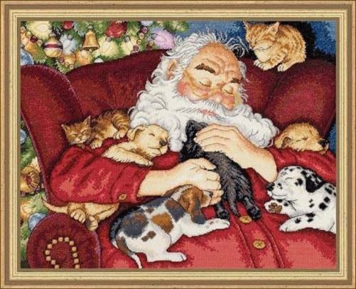 Schema punto croce SAGA PDF + XSD + PK Babbo natale SANTA CLAUS CHRISTMAS cross stitch sleeps with puppies cat and dog dmc patterns facile da stampare