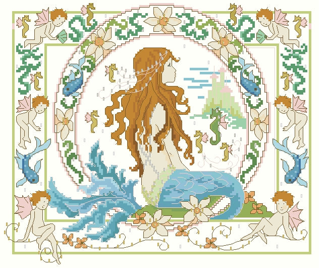 Schema punto croce SAGA PDF XSD SIRENA SEA MERMAID cross stitch bell of the sea dmc saga xsd pattern keeper sirena regina princess facilmente stampabile