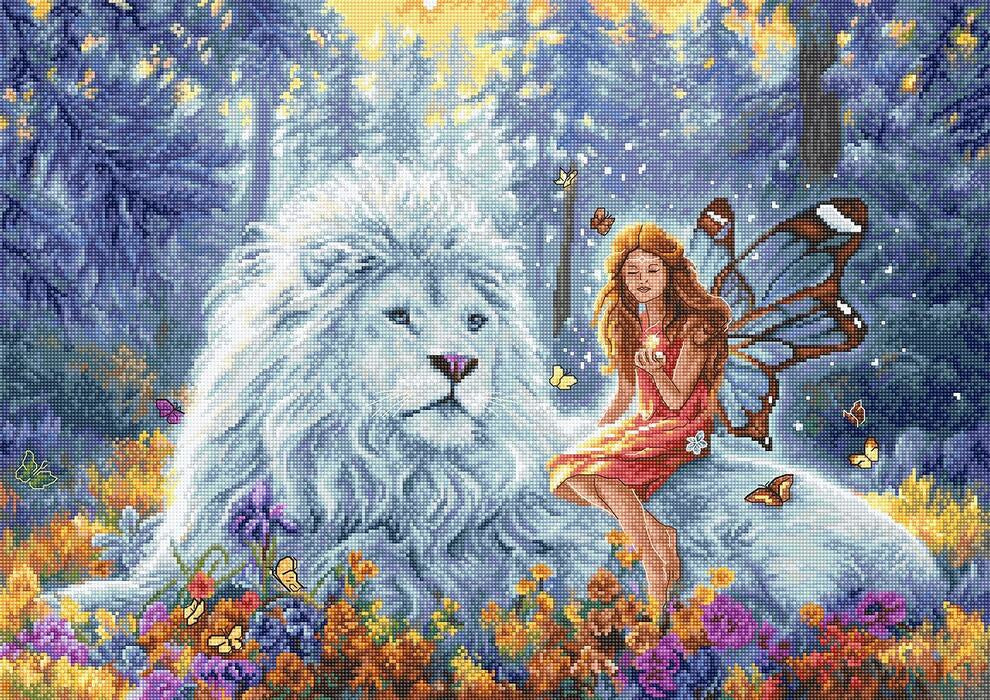 Schema punto croce SAGA PDF + XSD SAGA PK la fata e il leone bianco WHITE LION and the fairy with red cross stitch patterns chart facile da stampare