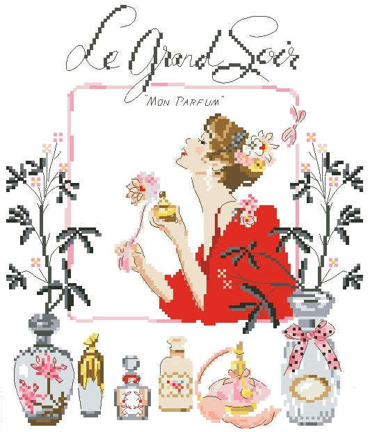 Schema punto croce SAGA PDF + XSD le grand soir SECRET woman beautiful cross stitch PERFUMES of a woman dmc patterns facile da stampare