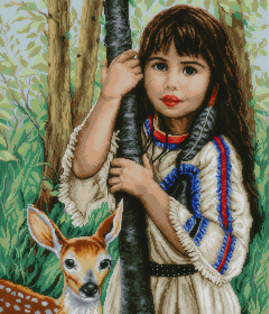 Schema punto croce SAGA PDF + XSD PK GUARDIAN ANGEL Indian child and baby deer puppy cross stitch life nature pattern keeper facile da stampare