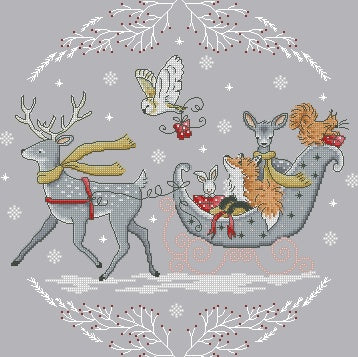 Schema punto croce SAGA PDF + XSD SANTA'S SLEIGH claus and PUPPY cross stitch animali bear love  snow sleigh dmc pattern keeper facile da stampare