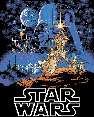 Schema punto croce SAGA PDF + XSD PK SAGA DARTH VADER LUKE LEILA cross stitch star cinema poster space wars force dmc pattern keeper pk facile da stampare