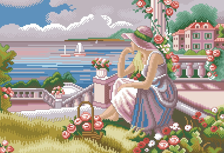 Schema punto croce SAGA PDF + XSD PK DMC SUMMER LANDSCAPE sea woman with hat summer cross stitch lady dmc pattern keeper markup facile da stampare