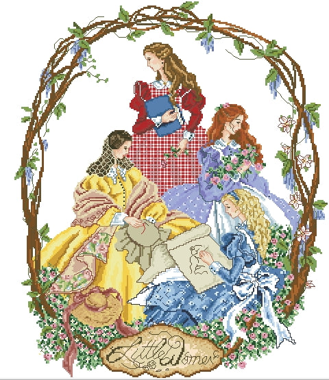 Schema punto croce SAGA PDF XSD 4 WOMAN in a STORY dmc cross stitch spring queen LADY tale pattern keeper little woman dame facile da stampare