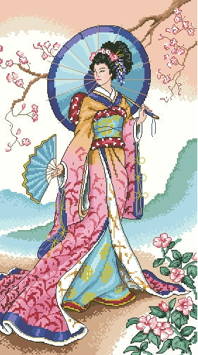 Schema punto croce SAGA PDF XSD geisha UMBRELLA and fan GEISHA cross stitch oriental lady patterns JAPPANESE facilmente stampabile