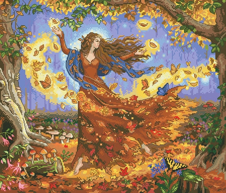 Schema punto croce SAGA PDF + XSD stagione AUTUNNO LADY cross stitch fall fairy goddess dmc pattern keeper celtic pdf facile da stampare