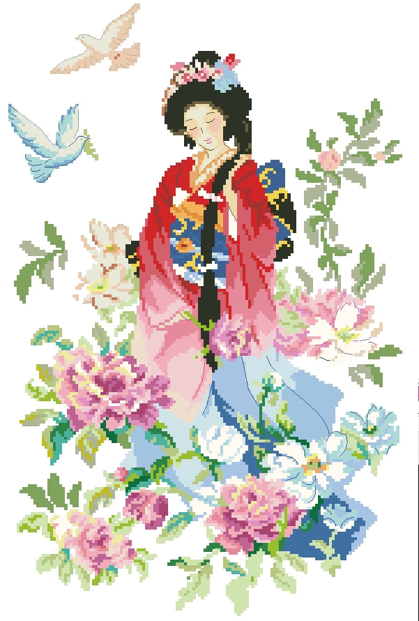 Schema punto croce SAGA PDF XSD GEISHA flowers and DOVES of a geisha cross stitch chinese pattern keeper xsd pdf facilmente stampabile