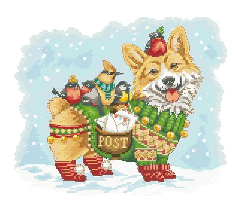 Schema punto croce SAGA pdf + xsd mail for SANTA'S PUPPY cross stitch pattern keeper cucciolo con posta uccellini a natale cute da stampare