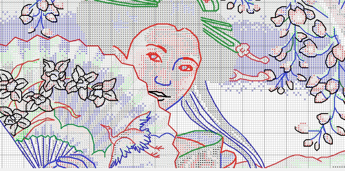 Schema punto croce SAGA PDF + XSD DONNA ORIENTALE GEISHA cross stitch  dmc saga xsd pattern keeper markup lady clown ventaglio trucco facile da stampare