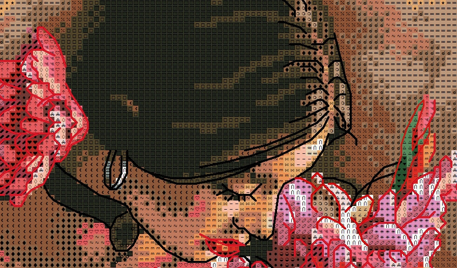 Schema punto croce SAGA PDF + XSD + PK DONNA spagnola con mazzo di fiori SPANISH WOMAN with flowered ross stitch patterns stampabile
