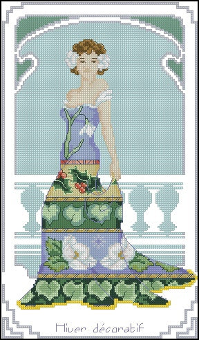 4 Schemi punto croce SAGA PDF + XSD + PK SUMMER WINTER autumn spring lady cross stitch seasons art nouveau dmc pattern keeper facili da stampare