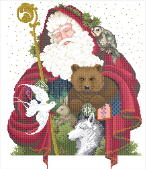 Schema punto croce SAGA PDF + XSD SANTA FOREST and ANIMALS cross stitch animali bear colomba lupo dmc pattern keeper facile da stampare