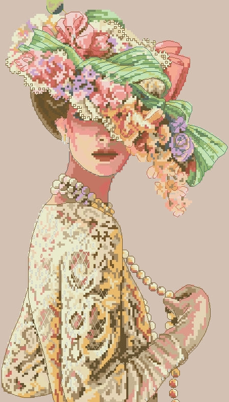 Schema punto croce SAGA PDF + XSD DONNA con cappello fiorato WOMAN PK with flowered HAT cross stitch victorian elegance xsd saga dmc pattern keeper stampabile