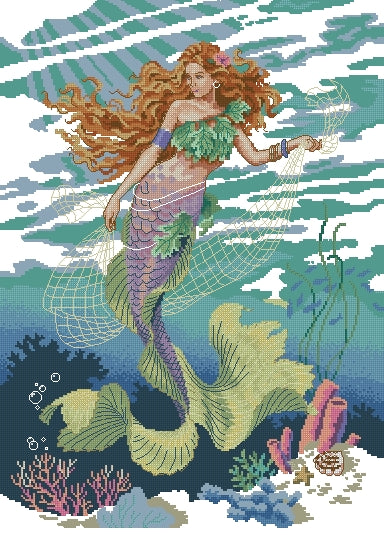 Schema punto croce SAGA PDF + XSD sirena dai capelli Rossi Red haired MERMAID ocean PRINCESS cross stitch pattern keeper facile da stampare