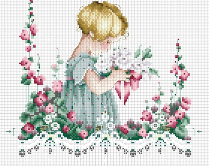 Schema punto croce SAGA PDF + XSD little girl pick FLOWER cross stitch baby SHOWER emma's pattern keeper garden birt pk facile da stampare