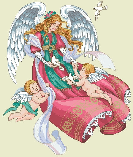 Schema punto croce SAGA PDF + XSD angelo pace speranza ANGEL of INNOCENCE of doves of peace cross stitch pattern keeper facile da stampare