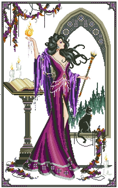 Schema punto croce SAGA PDF + XSD BELLATRIX Fata strega the FAIRY WITCH CROSS STITCH WITH CAT cross stitch da stampare dmc pattern keeper pk facile da stampare
